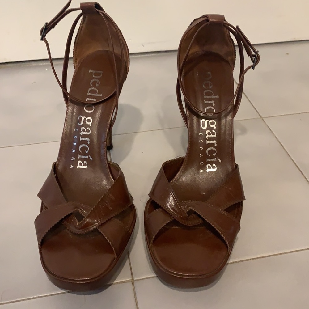 Size 7.5, Chocolate Ankle Strap Platform Heels
